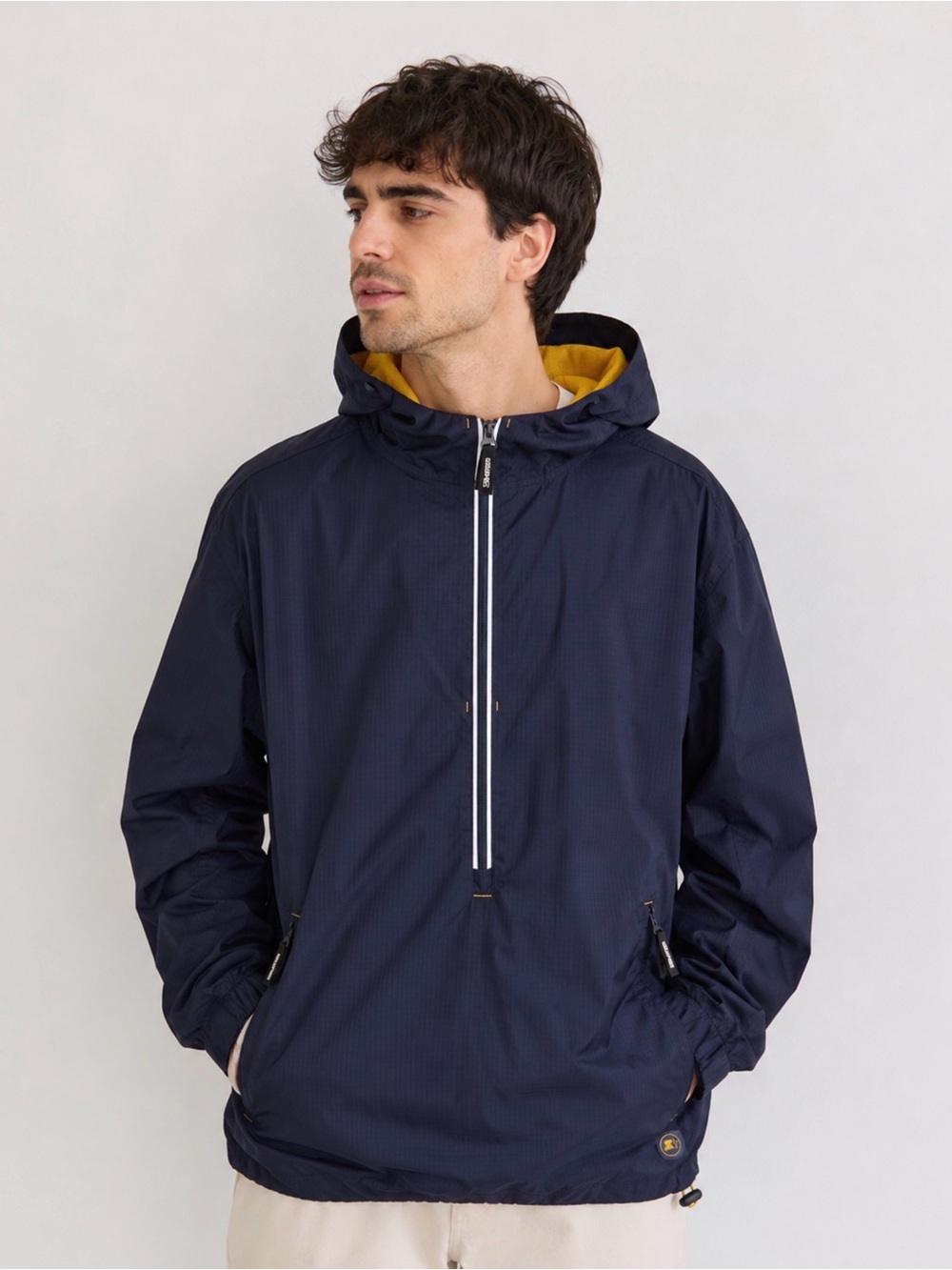 Starter Men’s Hooded Jacket Windbreaker Blue Vintage Yellow Sz Medium Pocket 80s